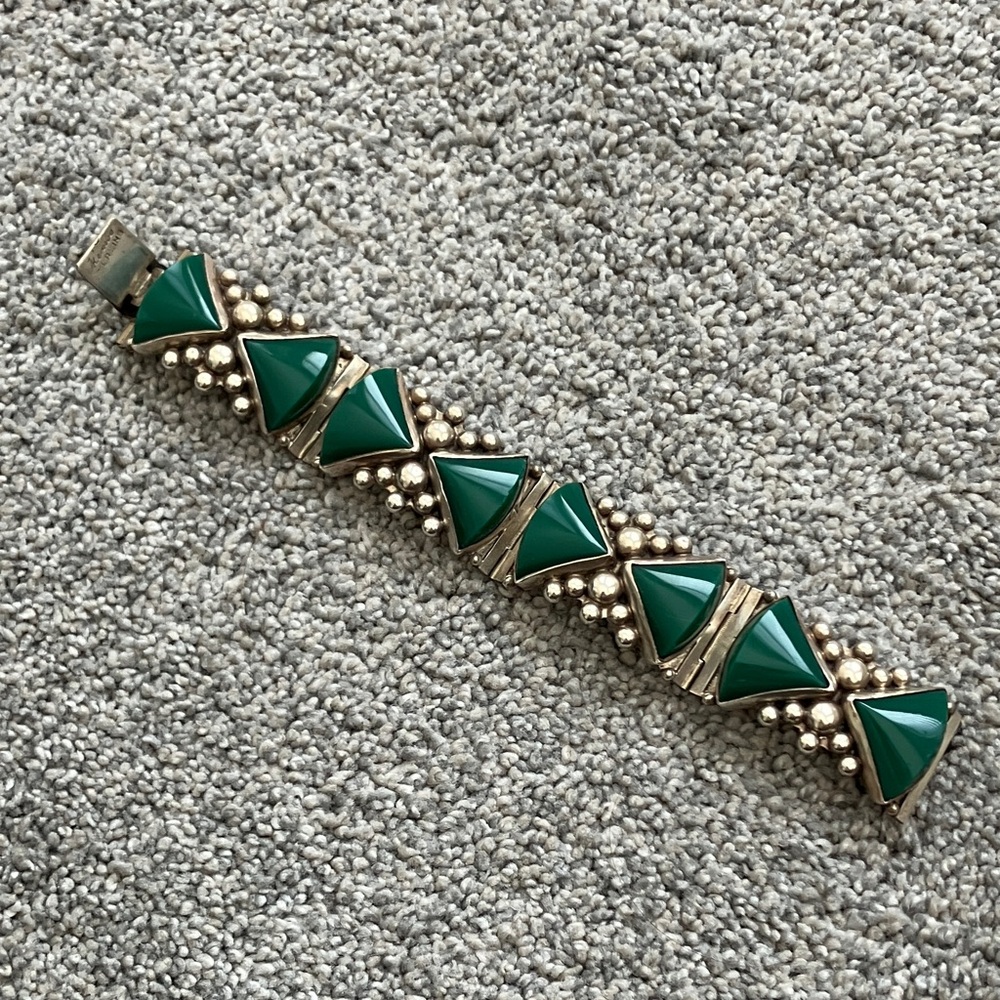 Stunning Large Scale Vintage Taxco Del Rio Style Green and Silver Bracelet - Picture 10 of 10